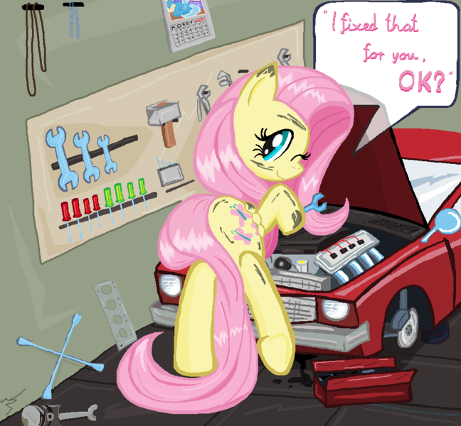 Size: 1036x959 | Tagged: safe, artist:sallycars, derpibooru import, fluttershy, pegasus, pony, car, dirty, engine, female, fixing, folded wings, garage, hoof hold, looking at you, looking back, looking back at you, mare, ms paint, one eye closed, raised leg, rear view, smiling, solo, speech bubble, toolbox, tools, wings, wink, wrench