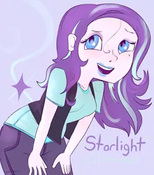 Size: 1330x1513 | Tagged: safe, artist:lawrence alpaca, derpibooru import, starlight glimmer, equestria girls, bent over, hatless, missing accessory, name, smiling