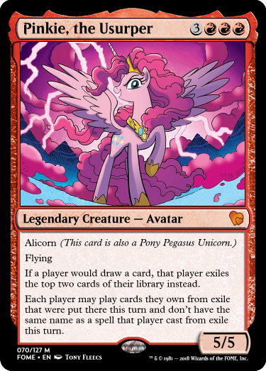 Size: 375x523 | Tagged: safe, artist:tonyfleecs, derpibooru import, edit, pinkie pie, alicorn, pony, spoiler:comic57, alicornified, ccg, lightning, magic the gathering, pinkiecorn, princess of chaos, race swap, trading card, trading card edit, xk-class end-of-the-world scenario