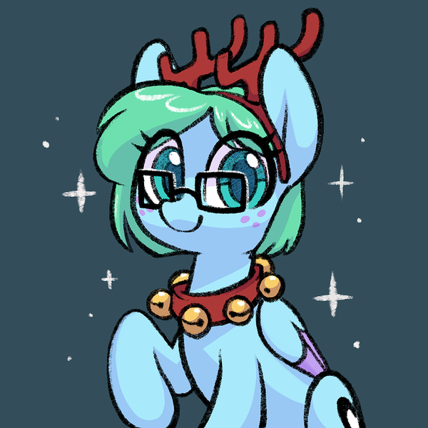 Size: 900x900 | Tagged: safe, artist:dawnfire, derpibooru import, oc, unofficial characters only, pegasus, pony, bell, bell collar, blue background, christmas, clothes, collar, costume, female, freckles, glasses, holiday, jingle bells, looking at you, mare, raised hoof, santa costume, simple background, smiling, solo