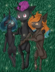 Size: 848x1099 | Tagged: alternate hairstyle, alternate universe, changeling, changelingified, changeling king, changeling queen, changeling queen oc, chrysigan, derpibooru import, dorestia, female, oc, oc:king dorigan, orange changeling, princess celestia, purple changeling, queen chrysalis, safe, species swap