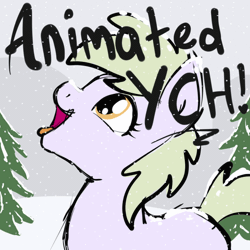 Size: 800x800 | Tagged: safe, artist:lannielona, derpibooru import, pony, advertisement, animated, caption, commission, gif, gif with captions, looking up, mountain, sketch, sky, snow, snowfall, solo, tongue out, tree, your character here