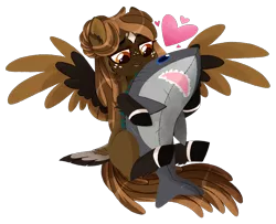 Size: 1697x1379 | Tagged: safe, artist:sonnatora, derpibooru import, oc, oc:island breeze, unofficial characters only, pegasus, pony, shark, commission, cuddling, female, gift art, heart, hug, mare, plushie, shark plushie, simple background, tail feathers, transparent background, wings, ych result