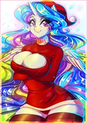 Size: 2893x4092 | Tagged: suggestive, artist:minamikoboyasy, derpibooru import, princess celestia, alicorn, anthro, pony, beautiful, big breasts, breasts, busty princess celestia, christmas, cleavage, clothes, costume, eyebrows, eyelashes, female, hair, holiday, legwear, looking at you, mare, multicolored mane, multicolored tail, panties, purple eyes, red underwear, royalty, santa costume, smiling, solo, solo female, stupid sexy celestia, tail, underwear, wings