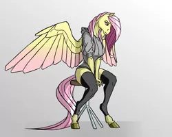 Size: 2412x1926 | Tagged: safe, artist:akweer, derpibooru import, fluttershy, anthro, bat pony, pegasus, unguligrade anthro, bottomless, breasts, busty fluttershy, clothes, colored wings, colored wingtips, female, flutterbat, hoers, hoodie, looking down, mare, partial nudity, race swap, sitting, solo, stockings, stool, thigh highs, toeless stockings, wings