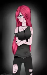 Size: 1200x1900 | Tagged: artist:akimi--chan, choker, clothes, cross, crossed arms, derpibooru import, ear piercing, earring, eyebrow piercing, female, gradient background, hair over one eye, human, humanized, jewelry, lip piercing, necklace, off shoulder, piercing, pinkamena diane pie, pinkie pie, safe, solo, torn clothes