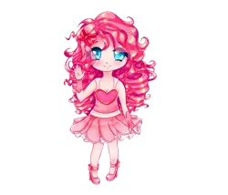 Size: 1400x1200 | Tagged: artist:akimi--chan, bow, chibi, clothes, colored pupils, cute, derpibooru import, dress, eye clipping through hair, female, hair bow, human, humanized, looking at you, pinkie pie, safe, simple background, smiling, solo, transparent background, waving