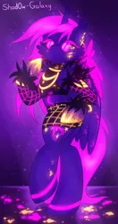 Size: 1000x1900 | Tagged: safe, artist:shad0w-galaxy, derpibooru import, twilight sparkle, twilight sparkle (alicorn), alicorn, pony, bipedal, blacklight, clothes, cosplay, costume, evelynn, female, k/da, league of legends, mare, neon, solo, video game crossover