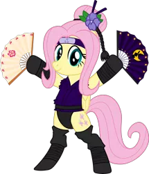 Size: 4442x5167 | Tagged: safe, artist:deyrasd, derpibooru import, fluttershy, pegasus, pony, absurd resolution, clothes, costume, female, kunoichi, leotard, ninja, paper fan, pose, request, requested art, show accurate, simple background, solo, standing, transparent background, vector