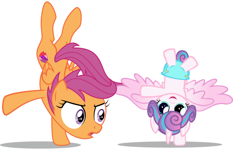 Size: 3082x1984 | Tagged: safe, artist:justablankflank, artist:red4567, derpibooru import, edit, editor:slayerbvc, vector edit, princess flurry heart, scootaloo, alicorn, pegasus, pony, baby, baby pony, cutie mark, diaper, female, filly, handstand, spread wings, the cmc's cutie marks, upside down, vector, wings