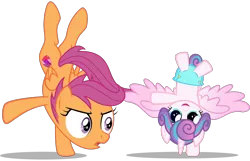 Size: 3082x1984 | Tagged: safe, artist:justablankflank, artist:red4567, derpibooru import, edit, editor:slayerbvc, vector edit, princess flurry heart, scootaloo, alicorn, pegasus, pony, baby, baby pony, cutie mark, diaper, female, filly, handstand, spread wings, the cmc's cutie marks, upside down, vector, wings