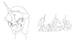 Size: 1280x681 | Tagged: safe, artist:brisineo, derpibooru import, oc, alicorn, pony, fallout equestria, alicorn oc, angry, artificial alicorn, best friend tabitha, derp, dumb-dumbs, fallout, fallout: new vegas, heart glasses, hoof in mouth, horn, looking back, majestic as fuck, monochrome, simple background, singing, tabitha, tongue out, white background, wings