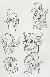 Size: 715x1104 | Tagged: safe, artist:kuroneko, derpibooru import, gallus, ocellus, sandbar, silverstream, smolder, yona, changedling, changeling, classical hippogriff, dragon, gryphon, hippogriff, pony, yak, angry, bust, disgusted, dragoness, female, male, monochrome, portrait, scared, simple background, student six, teenager, traditional art, white background, worried