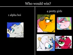Size: 2000x1500 | Tagged: suggestive, artist:ralek, derpibooru import, oc, oc:melon frost, oc:pepper slice, oc:prism, oc:rescue pony, oc:sweet heat, oc:turquoise, unofficial characters only, pony, :p, bedroom eyes, cheek fluff, chin fluff, female, fluffy, grin, lidded eyes, male, mare, meme, silly, smiling, stallion, tongue out, who would win