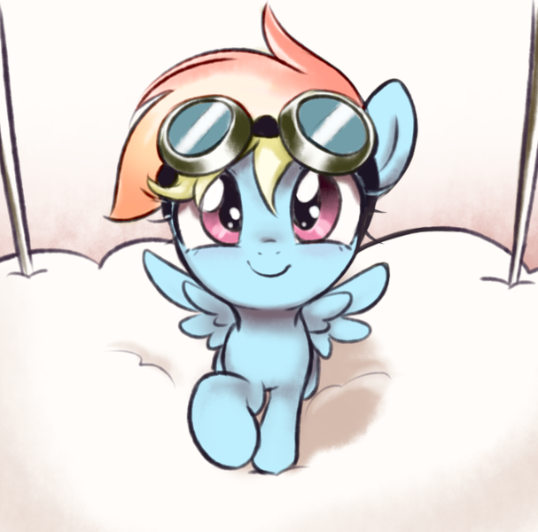 Size: 742x733 | Tagged: safe, artist:pestil, color edit, derpibooru import, edit, rainbow dash, pegasus, pony, cloud, colored, cute, daaaaaaaaaaaw, dashabetes, female, filly, filly rainbow dash, foal, goggles, looking at you, looking up, looking up at you, simple background, solo, spread wings, wings, younger