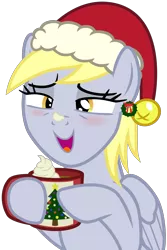 Size: 2000x3000 | Tagged: safe, artist:cheezedoodle96, derpibooru import, derpy hooves, pegasus, pony, .svg available, blushing, chocolate, christmas, coffee mug, ear piercing, earring, embarrassed, female, food, hat, holiday, hoof hold, hot chocolate, jewelry, lidded eyes, mare, mug, piercing, santa hat, simple background, svg, transparent background, vector, whipped cream, wreath