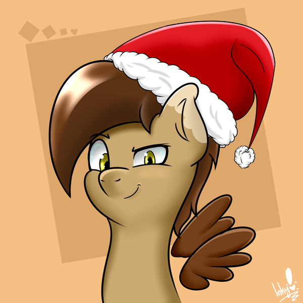 Size: 2500x2500 | Tagged: safe, artist:tonystorm12, derpibooru import, oc, oc:canekblackwood, unofficial characters only, pegasus, pony, bust, christmas, floating wings, hat, holiday, looking at you, male, portrait, serious, serious face, solo, stallion, wings