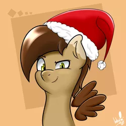 Size: 2500x2500 | Tagged: safe, artist:tonystorm12, derpibooru import, oc, oc:canekblackwood, unofficial characters only, pegasus, pony, bust, christmas, floating wings, hat, holiday, looking at you, male, portrait, serious, serious face, solo, stallion, wings