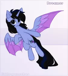 Size: 1008x1120 | Tagged: safe, artist:little-sketches, derpibooru import, oc, oc:dreamer, unofficial characters only, alicorn, bat pony, bat pony alicorn, pony, alicorn oc, bat pony oc, bat wings, chibi, female, flying, horn, mare, solo, wings