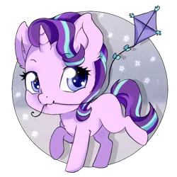 Size: 590x590 | Tagged: safe, artist:tokokami, derpibooru import, starlight glimmer, pony, unicorn, blank flank, chibi, cute, female, glimmerbetes, kite, looking at you, mare, mouth hold, simple background, solo, that pony sure does love kites, transparent background