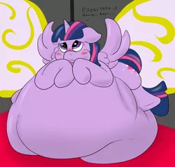Size: 1692x1609 | Tagged: suggestive, artist:watertimdragon, derpibooru import, twilight sparkle, twilight sparkle (alicorn), alicorn, pony, belly, belly bed, big belly, blushing, embarrassed, fat, fat princess, female, huge belly, immobile, impossibly large belly, mare, morbidly obese, obese, royal fitness, solo, twilard sparkle