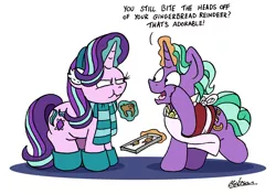 Size: 5752x4058 | Tagged: safe, artist:bobthedalek, derpibooru import, firelight, starlight glimmer, pony, unicorn, absurd resolution, apron, baking tray, boots, clothes, earmuffs, father and child, father and daughter, fathers gonna father, female, gingerbread (food), male, scarf, shoes, starlight is not amused, unamused