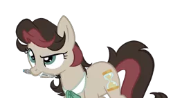 Size: 1280x720 | Tagged: safe, artist:herfaithfulstudent, derpibooru import, oc, oc:corellia, unofficial characters only, earth pony, pony, bowtie, doctor who, female, mare, mouth hold, next generation, offspring, parent:doctor whooves, parent:roseluck, parents:doctorrose, simple background, solo, sonic screwdriver, transparent background, vector