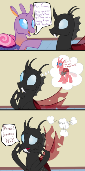Size: 1200x2400 | Tagged: aniscoria, artist:mightyshockwave, changedling, changedling oc, changeling, changeling oc, comic, derpibooru import, duo, fangs, horrified, horror, oc, oc:coxa, oc:maxilla, red changeling, safe, scare, scared, terrified, terror, thought bubble, unofficial characters only