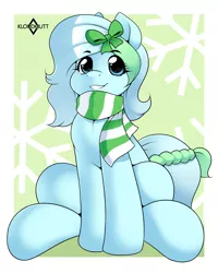 Size: 1200x1500 | Tagged: safe, artist:kloudmutt, derpibooru import, oc, oc:azur lachrimae, unofficial characters only, earth pony, pony, abstract background, clothes, female, mare, scarf, sitting, smiling, solo