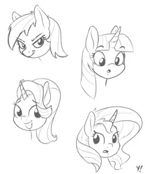 Size: 1000x1200 | Tagged: safe, artist:yakoshi, derpibooru import, rainbow dash, starlight glimmer, sunset shimmer, twilight sparkle, pegasus, pony, unicorn, :o, bust, female, lineart, looking away, mare, monochrome, open mouth, simple background, sketch, smiling, white background