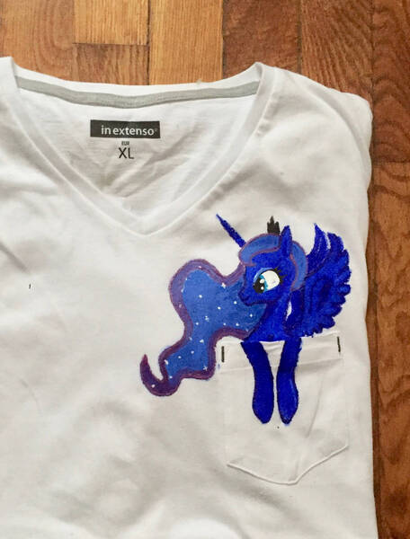 Size: 1024x1346 | Tagged: safe, artist:colorsceempainting, derpibooru import, princess luna, pony, clothes, pocket ponies, shirt, solo, t-shirt