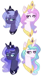 Size: 551x994 | Tagged: safe, artist:whalepornoz, derpibooru import, princess celestia, princess luna, alicorn, pony, bust, crown, female, freckles, jewelry, lidded eyes, mare, peytral, portrait, regalia, s1 luna, siblings, simple background, sisters, smiling, transparent background, younger