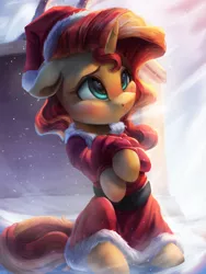 Size: 3000x4000 | Tagged: safe, artist:vanillaghosties, derpibooru import, sunset shimmer, pony, unicorn, equestria girls, christmas, clothes, cute, daaaaaaaaaaaw, female, hat, hnnng, holiday, mare, not fiery shimmer, santa hat, shimmerbetes, snow, solo, sweet dreams fuel