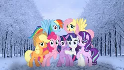 Size: 1920x1080 | Tagged: safe, artist:jhayarr23, derpibooru import, edit, editor:grapefruitface, applejack, fluttershy, pinkie pie, rainbow dash, rarity, starlight glimmer, twilight sparkle, twilight sparkle (alicorn), alicorn, pony, 1920x1080, christmas, festive, hearth's warming eve, holiday, irl, mane six, photo, ponies in real life, snow, wallpaper, winter
