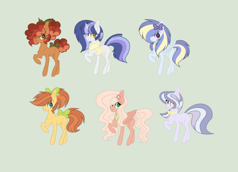 Size: 1992x1440 | Tagged: safe, artist:roseloverofpastels, derpibooru import, oc, oc:apple blossom, oc:cocoa butter, oc:crystal note, oc:evening star, oc:pear jam, unnamed oc, earth pony, pegasus, pony, unicorn, base used, blank flank, bow, bowtie, clothes, female, flower, flower in hair, green background, hair bow, hair over one eye, mare, next generation, offspring, parent:applejack, parent:big macintosh, parent:caramel, parent:cheese sandwich, parent:fancypants, parent:flash sentry, parent:fluttershy, parent:pinkie pie, parent:rainbow dash, parent:rarity, parent:soarin', parent:twilight sparkle, parents:carajack, parents:cheesepie, parents:flashlight, parents:fluttermac, parents:raripants, parents:soarindash, poofy mane, raised hoof, scarf, simple background, tail bow