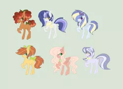 Size: 1992x1440 | Tagged: safe, artist:roseloverofpastels, derpibooru import, oc, oc:apple blossom, oc:cocoa butter, oc:crystal note, oc:evening star, oc:pear jam, unnamed oc, earth pony, pegasus, pony, unicorn, base used, blank flank, bow, bowtie, clothes, female, flower, flower in hair, green background, hair bow, hair over one eye, mare, next generation, offspring, parent:applejack, parent:big macintosh, parent:caramel, parent:cheese sandwich, parent:fancypants, parent:flash sentry, parent:fluttershy, parent:pinkie pie, parent:rainbow dash, parent:rarity, parent:soarin', parent:twilight sparkle, parents:carajack, parents:cheesepie, parents:flashlight, parents:fluttermac, parents:raripants, parents:soarindash, poofy mane, raised hoof, scarf, simple background, tail bow