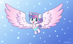 Size: 1000x600 | Tagged: safe, artist:empyu, derpibooru import, princess flurry heart, alicorn, pony, baby, baby pony, clothes, cute, diaper, female, filly, flying, gradient background, happy, impossibly large wings, large wings, open mouth, oversized wings, signature, snow, solo, spread wings, wings