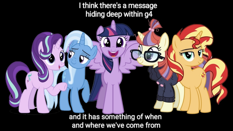 Size: 1920x1080 | Tagged: safe, derpibooru import, edit, editor:axal-5, editor:superbobiann, moondancer, starlight glimmer, sunset shimmer, trixie, twilight sparkle, twilight sparkle (alicorn), alicorn, pony, unicorn, black background, counterparts, female, magical quartet, magical quintet, magical trio, mare, raised hoof, simple background, spread wings, transparent background, twilight's counterparts, twilight's harem, wings