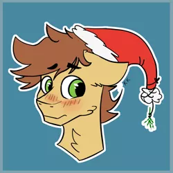 Size: 1280x1280 | Tagged: safe, artist:krafty kitsune, derpibooru import, oc, oc:krafty kitsune, pony, blushing, christmas, colored, flat colors, hat, holiday, mistletoe, santa hat, simple background, solo