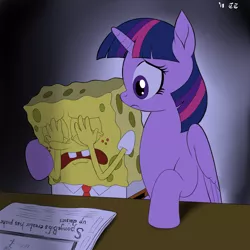 Size: 3000x3000 | Tagged: safe, artist:tomtornados, derpibooru import, twilight sparkle, twilight sparkle (alicorn), alicorn, comforting, crossover, crying, image, newspaper, png, rest in peace, sad, spongebob squarepants, spongebob squarepants (character), stephen hillenburg