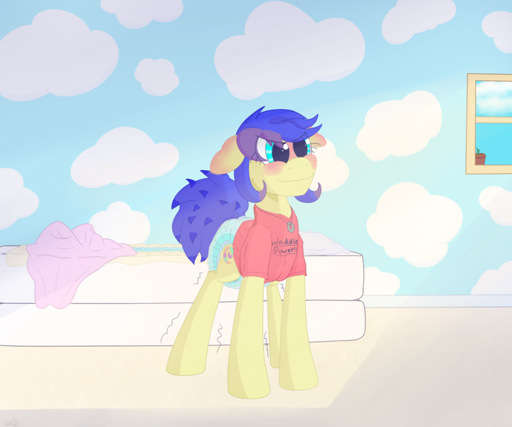 Size: 3000x2500 | Tagged: questionable, artist:justanothersomepony, derpibooru import, oc, oc:trance wave, pony, bedwetter, blanket, blushing, cute, diaper, diaper fetish, female, fetish, mare, mattress, morning, pastel colors, solo