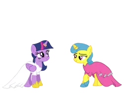 Size: 1024x768 | Tagged: safe, artist:turnaboutart, derpibooru import, lemon hearts, twilight sparkle, twilight sparkle (alicorn), alicorn, pony, unicorn, fanfic:twilight sparkle and lemon hearts love life, alternate hairstyle, base used, clothes, dress, female, horn, horn ring, jewelry, lemonlight, lesbian, marriage, ring, shipping, shoes, wedding, wedding dress, wedding ring