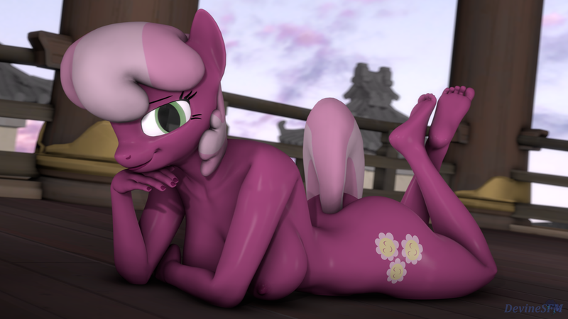 Size: 1920x1080 | Tagged: questionable, artist:devinesfm, derpibooru import, cheerilee, anthro, earth pony, plantigrade anthro, 3d, ass, breasts, busty cheerilee, butt, feet, feet up, female, flowerbutt, foot focus, looking at you, lying down, nipples, nudity, on stomach, smiling, smirk, solo, solo female, source filmmaker, tail