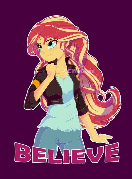 Size: 2875x3900 | Tagged: safe, artist:katakiuchi4u, derpibooru import, sunset shimmer, equestria girls, believe, clothes, female, jacket, leather jacket, pants, purple background, shirt, simple background, smiling, solo