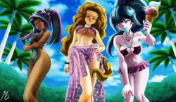 Size: 2064x1194 | Tagged: absolute cleavage, adagio dazzle, adorasexy, aria blaze, artist:mauroz, attached skirt, belly button, bicolor swimsuit, bikini, boob squish, breasts, cleavage, clothes, cute, dark skin, derpibooru import, dessert, female, food, frilled swimsuit, green swimsuit, human, humanized, ice cream, light skin, one-piece swimsuit, o-ring swimsuit, pink swimsuit, purple swimsuit, sarong, sexy, skirt, sonata dusk, string bikini, stupid sexy adagio dazzle, stupid sexy aria blaze, stupid sexy sonata dusk, suggestive, swimsuit, the dazzlings, underboob
