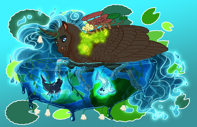 Size: 5100x3300 | Tagged: safe, artist:earthsong9405, deleted from derpibooru, derpibooru import, oc, oc:crimson fist, oc:gian smith, alicorn, elemental pony, fish, koi, pony, alicorn oc, blue background, horn, male, male alicorn, male alicorn oc, simple background, water, water mane, wings