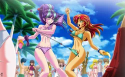 Size: 2600x1605 | Tagged: alternate version, armpits, artist:mauroz, assisted exposure, beach, belly button, bikini, bikini top, breasts, busty starlight glimmer, busty sunset shimmer, catfight, cleavage, clothes, clothing theft, cloud, derpibooru import, dessert, female, fight, flower pattern swimsuit, food, green swimsuit, human, humanized, humiliation, ice cream, imminent nudity, jeweled swimsuit, open mouth, o-ring swimsuit, polka dot swimsuit, public humiliation, purple swimsuit, sideboob, side-tie bikini, sky, starlight glimmer, string bikini, suggestive, sunset shimmer, swimsuit, swimsuit theft, tree, underboob, undressing, untied bikini, wardrobe malfunction