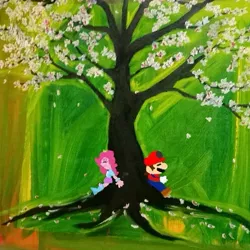 Size: 495x495 | Tagged: safe, artist:eddazzling81, derpibooru import, pinkie pie, equestria girls, crossover, crossover shipping, fanart, female, male, mario, mariopie, shipping, sleeping, straight, super mario bros., tree