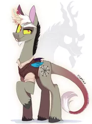 Size: 3000x4020 | Tagged: safe, artist:kyumiku, derpibooru import, discord, alicorn, draconequus, pony, unicorn, bat wings, beard, black hair, chaos, clothes, colored sketch, design, facial hair, pony discord, shirt, solo, sweater, tail, white hair, wings, yellow eyes