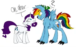 Size: 1280x788 | Tagged: safe, artist:heeeeresizzy, derpibooru import, rainbow dash, rarity, hengstwolf, pony, unicorn, werewolf, alternate universe, cutie mark, eye contact, female, floppy ears, lesbian, looking at each other, mare, question mark, raridash, shipping, simple background, species swap, speech bubble, white background